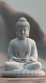 Monochrome seated Buddha statue rendered in soft focus.