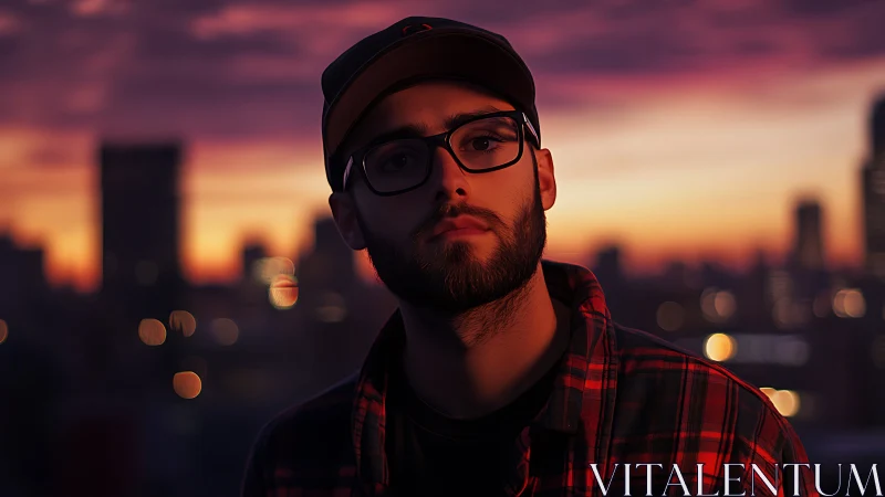 Pensive young man stands against a glowing city sunset skyline