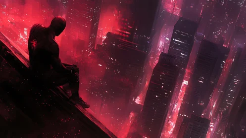 Solitary figure on ledge above dense red-lit cityscape.