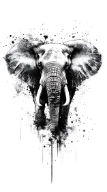 Bold ink-splashed elephant strides forward with quiet power