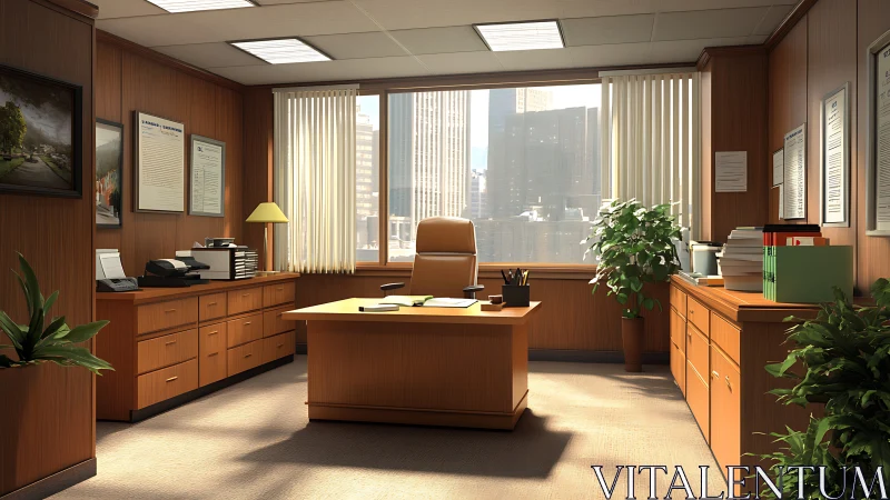Sunlit executive office haven with warm wood and quiet power.