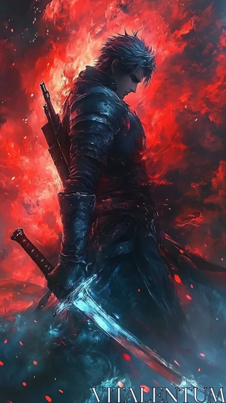 Lone armored swordsman glowing between fire and shadow.