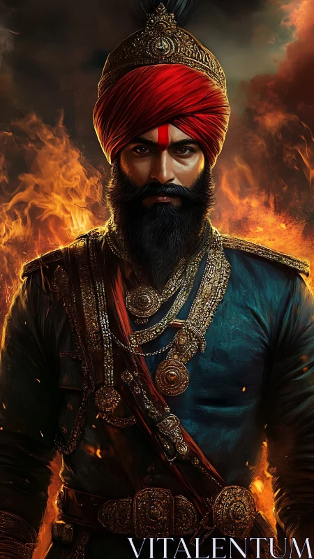 Warrior in jeweled armor stands before blazing inferno