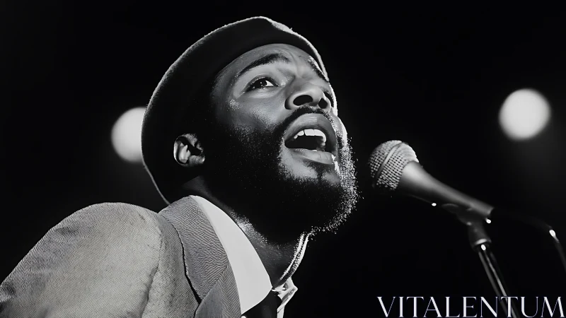 Soul singer performing under dramatic stage spotlight.