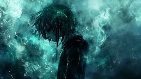 Side-profile figure in teal atmospheric digital haze.