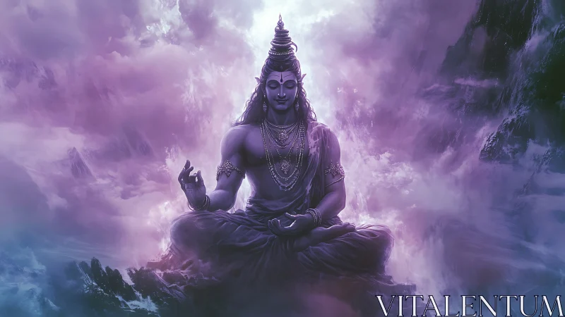 Divine meditative deity in ethereal violet atmospheric digital painting