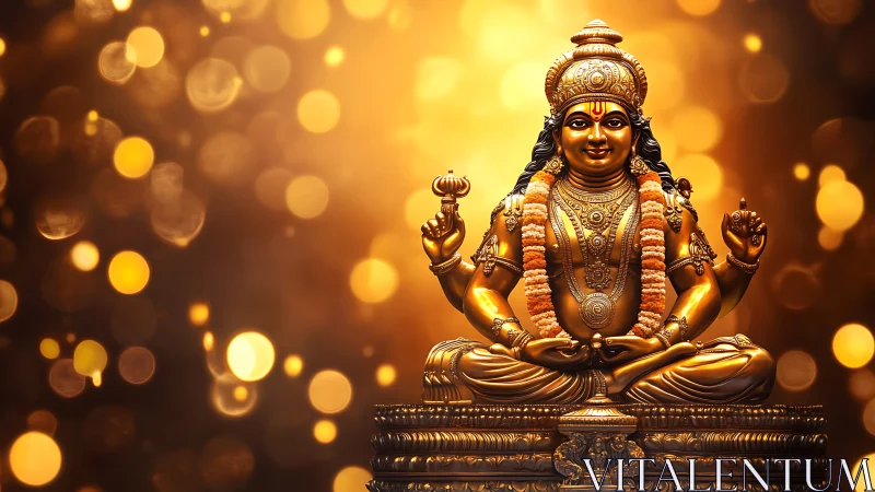 Golden Hindu deity statue with garland on glowing backdrop.