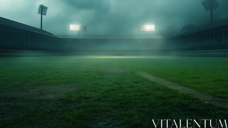 Fog drunk stadium lights guard a silent emerald field.