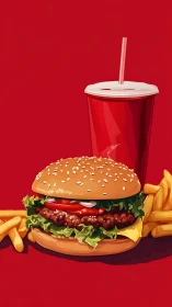 Bold fast-food combo on vivid red minimalist backdrop.