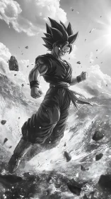 Monochrome anime warrior powering up amid falling debris.