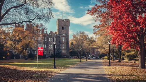 Inviting college walkway framed by colorful autumn trees.