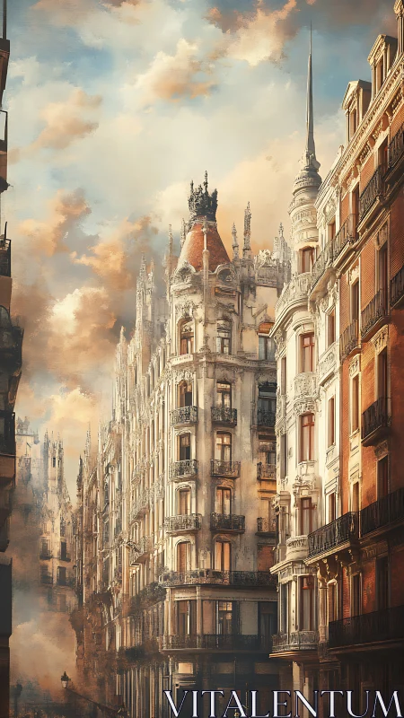 Sunlit neo-gothic avenue beneath drifting warm clouds.