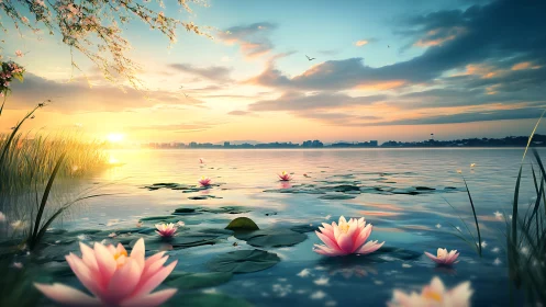 Sunlit lotus blossoms drift across a tranquil lakeside horizon.