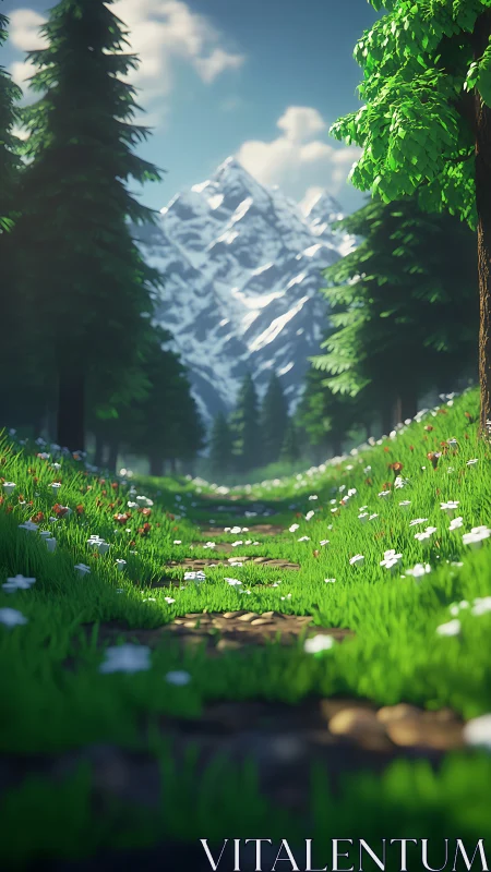 Procedural alpine path with depth-of-field forest rendering.