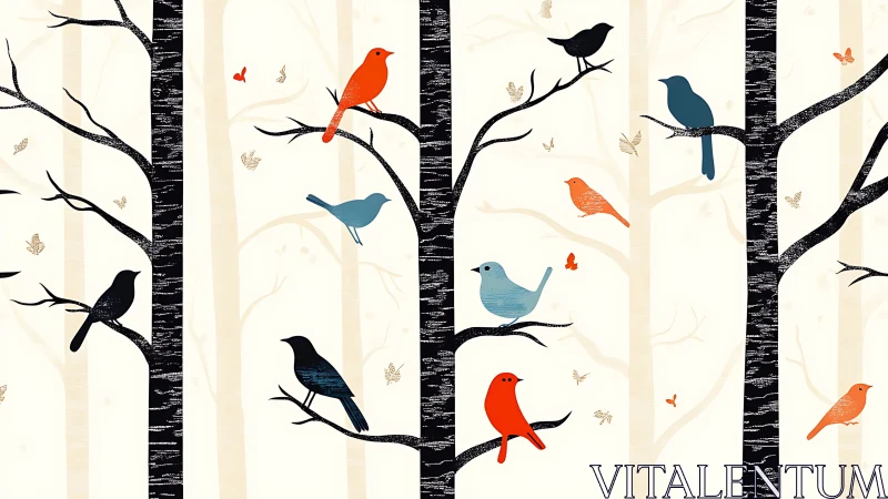 Colorful Birds on Birch Tree Branches in Modern Minimalist Style.