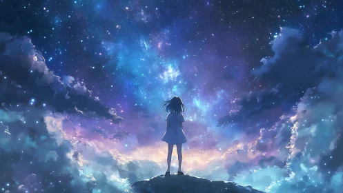 Girl stands before a glowing cosmic sky of dreams and wonder