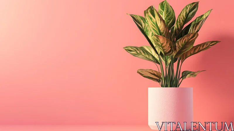Minimalist houseplant in white pot against coral wall.