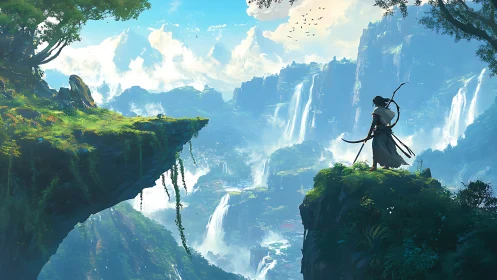 Lone archer on cliff over vast waterfall valley panorama.
