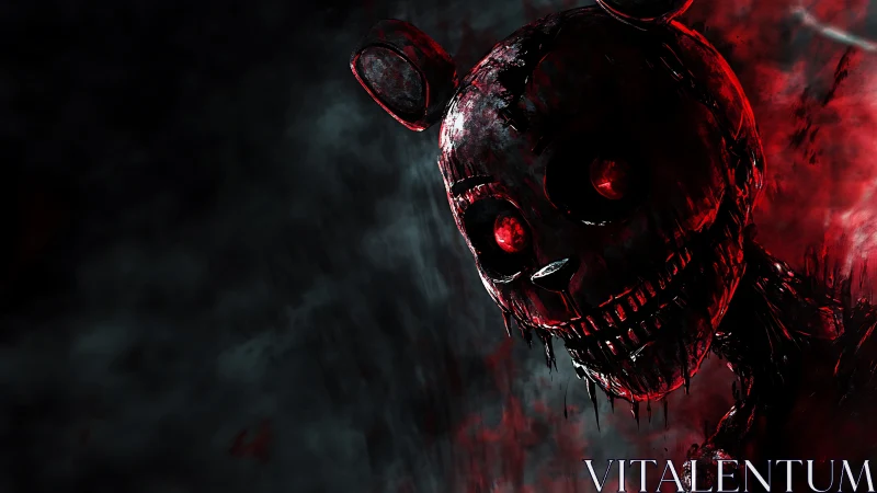 Distorted animatronic figure stands in red backlit smoke