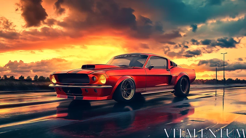 Red muscle car on wet road under vivid sunset sky.