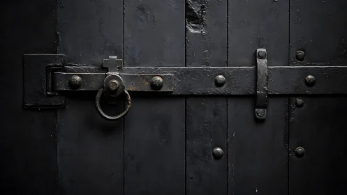 Forged iron latch locking distressed matte black door surface.