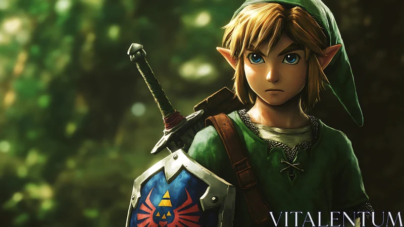 Heroic forest warrior with sword and crest shield stance.