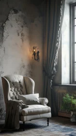 Elegant worn armchair rests in softly lit vintage corner