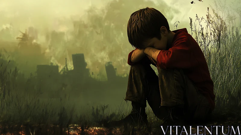 Sad boy sits alone in overgrown field near ruins