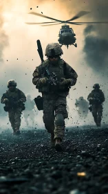 Tactical infantry advance under rotary-wing aerial support.