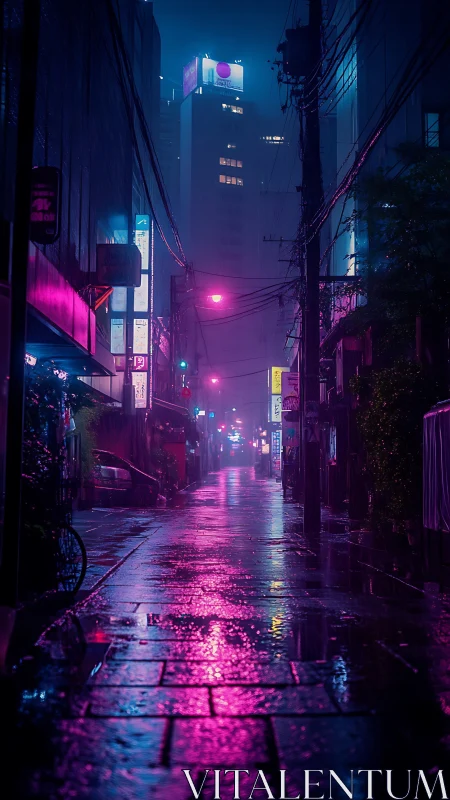Neon rain slicked alley reflects magenta city glow