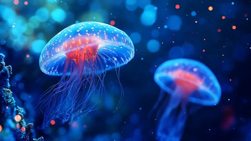 Bioluminescent jellyfish forms drift in a digitally rendered sea