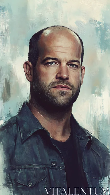 Stoic bald man gazes ahead in textured painted portrait