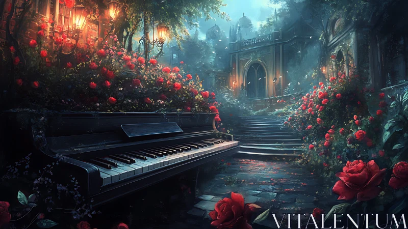 Grand piano amid roses in overgrown mansion garden.