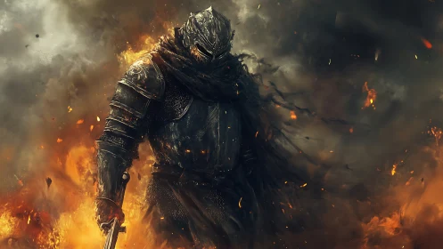 Armored knight strides through fire and smoke in battle.