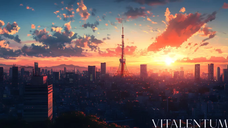 Sunlit tower over neon-dotted Tokyo skyline at dusk.