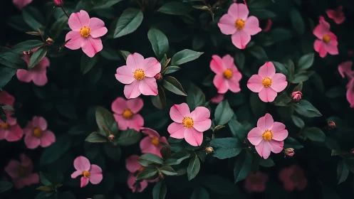 Pink blooms flourish among verdant foliage in serene garden setting