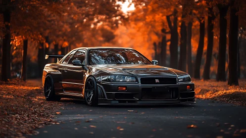 Midnight Nissan GT-R R34 amid blazing autumn avenue.