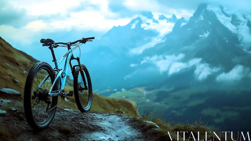 Mountain Bike Positioned on Alpine Trail with Snowy Peaks.