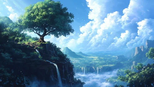 Elevated lone tree crowns cliff above clouded valley waterfalls