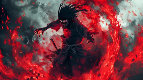 Anime ninja warrior controlling red elemental fire vortex