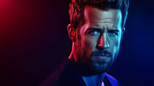 Cinematic male portrait in neon red and blue split lighting.