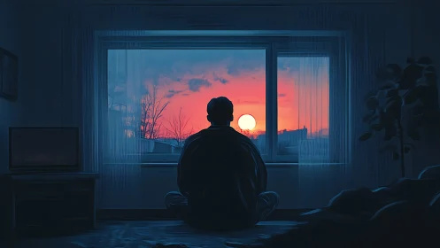 Solitary figure observes vivid sunset horizon through window