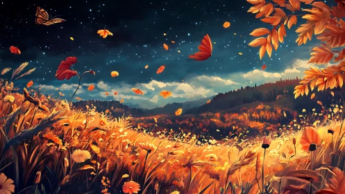 Digital landscape shows autumn field under starry night sky