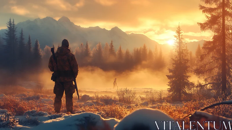 Armed figure surveys misty alpine valley under warm backlit sunrise