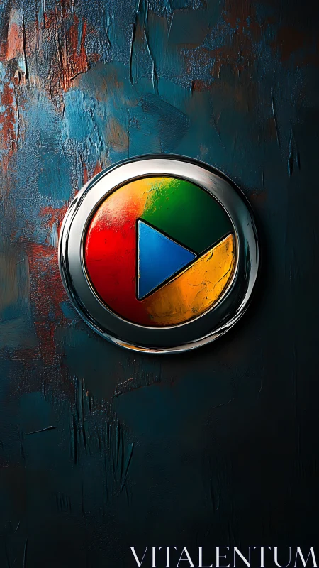 Color wheel play button glows on textured dark wall.