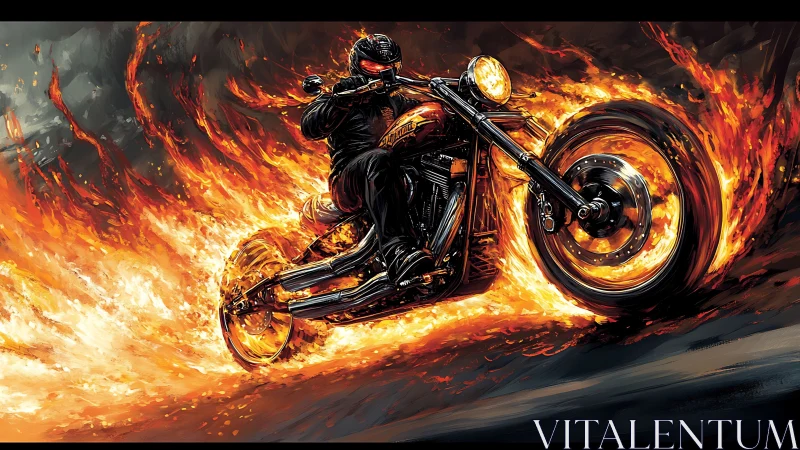 Fiery motorcycle rider blazing a bold trail through night streets.