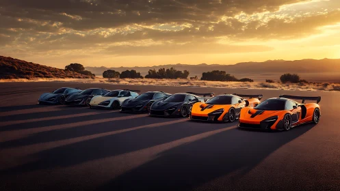 Sunset hypercar phalanx ignites a desert runway in silence.
