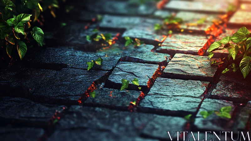 Emerald cracks and ember light across rain-slick cobblestones.