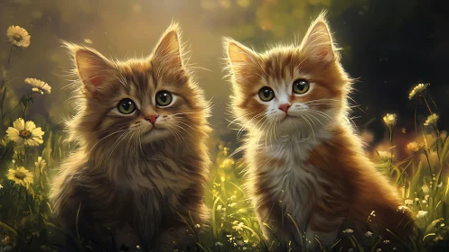 Two Fluffy Kittens Surrounded by Golden Wildflowers