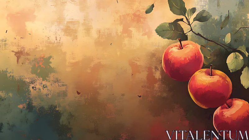 Sunlit apples on rustic branch against warm abstract field.